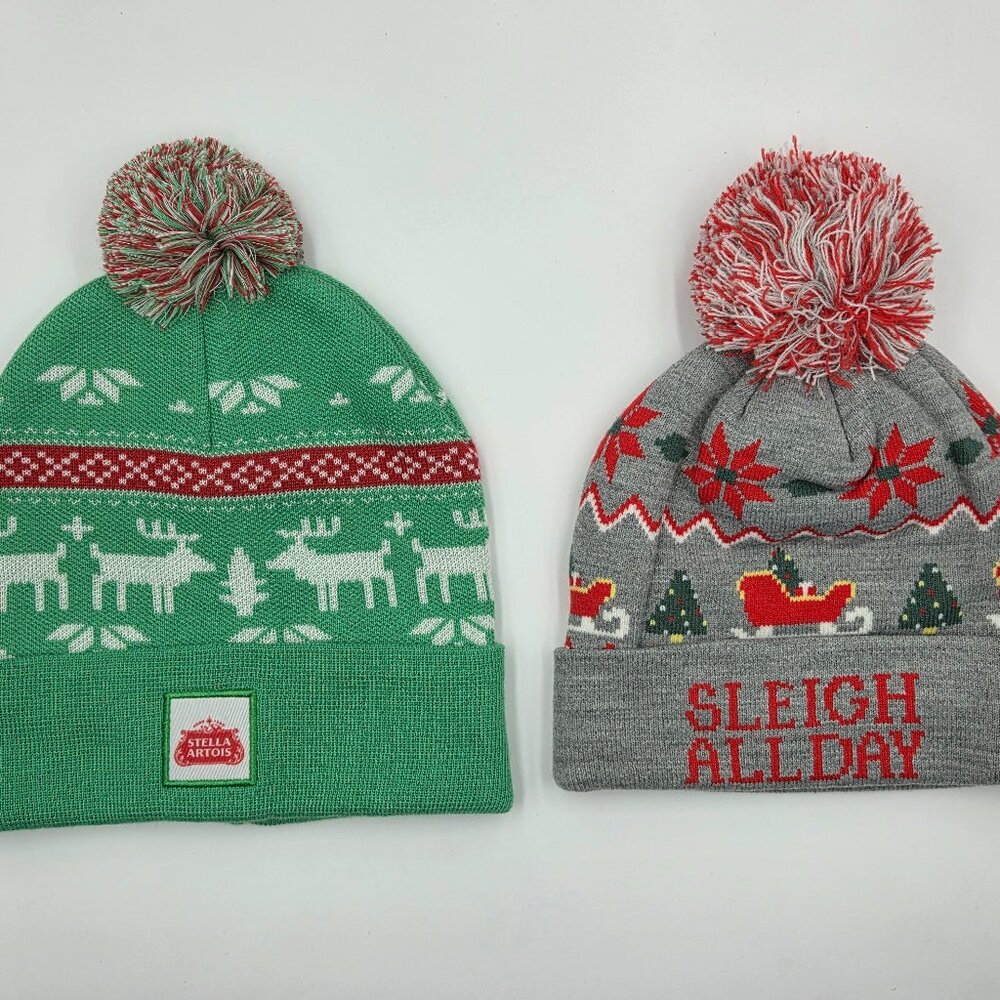 ⛷️Lot of 2 Winter Pom-Pom Beanies Stella Artois & “Sleigh All Day”